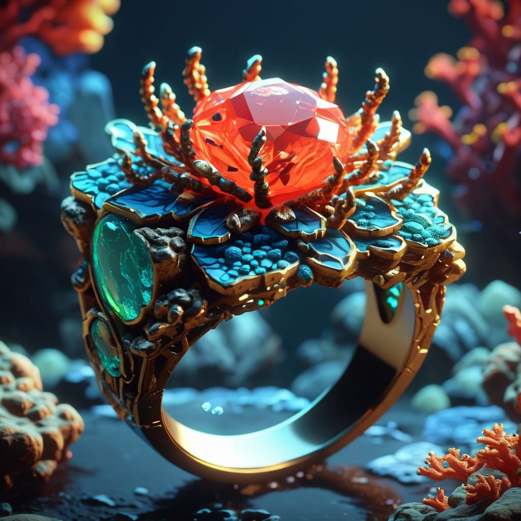 Epic 3D Artwork of a Resin Ring in a Vibrant Coral Utopia