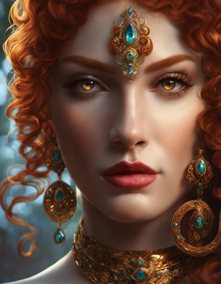 Red-Headed Snake Goddess Portrait in Hyperrealistic Style
