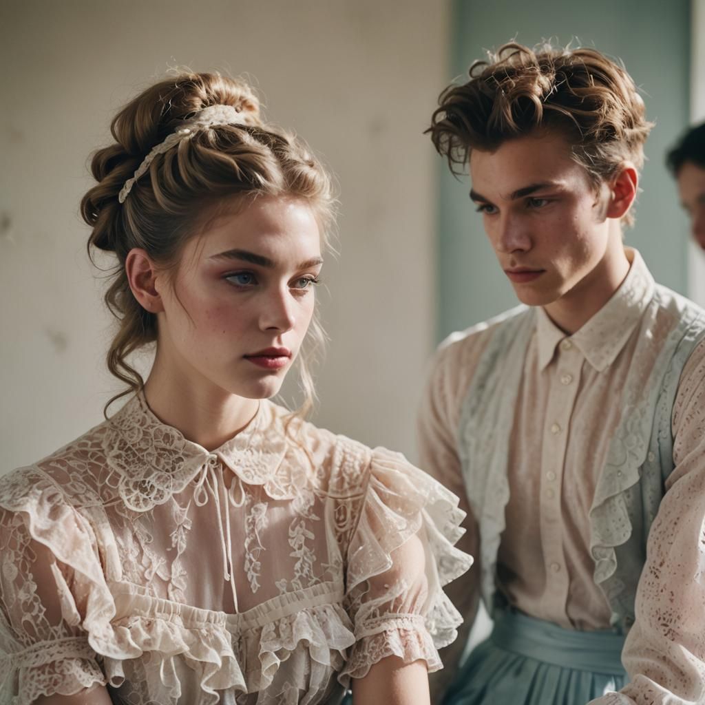 Boy in Lace Dress Getting Pigtails Hairstyle