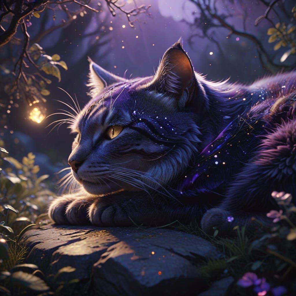 Surreal Cat Basks in Celestial Glow under Starry Thandarstom...