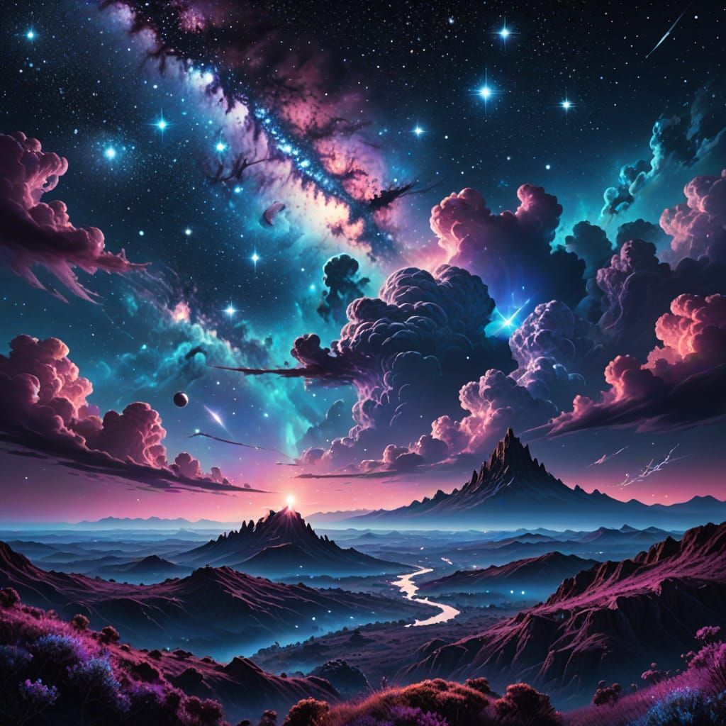 Surreal Cosmic Sky with Vibrant Nebulae and Glowing Stars
