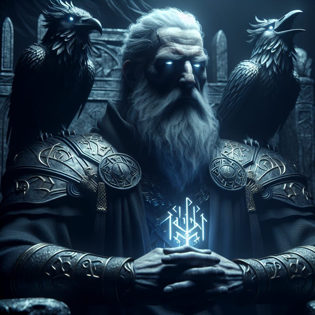 Odin on Throne with Huginn and Muninn
