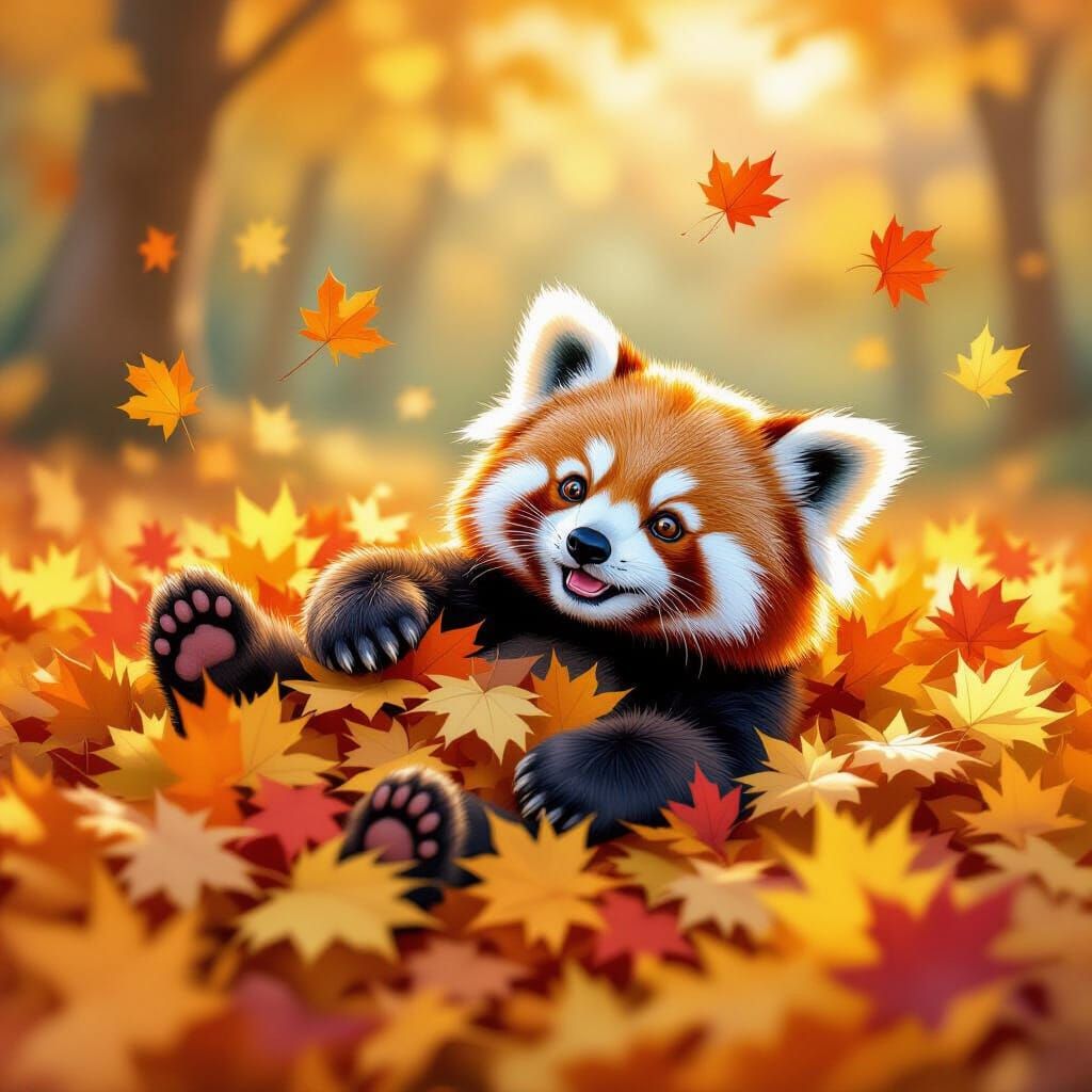 Fluffy Red Panda Tumbles in Autumn Leaves