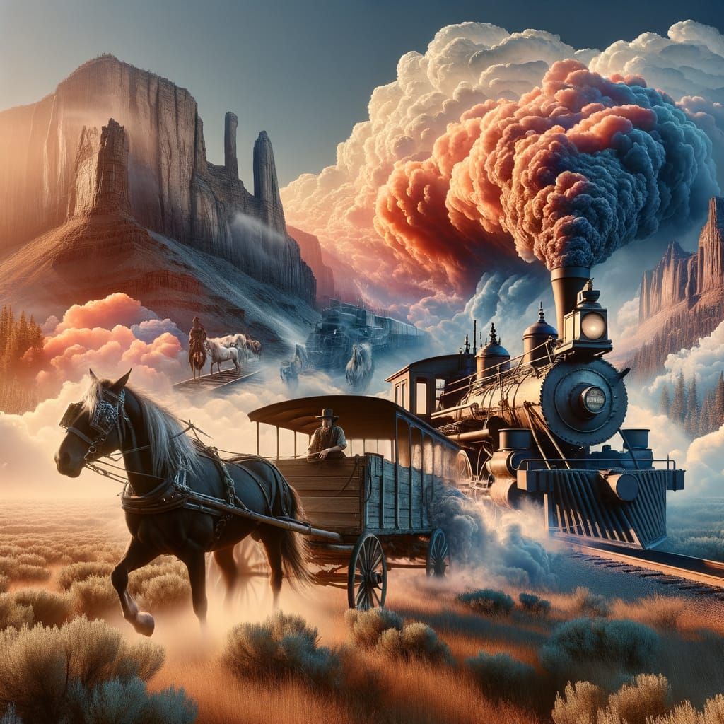 Wagon and Steam Train in Double Exposure