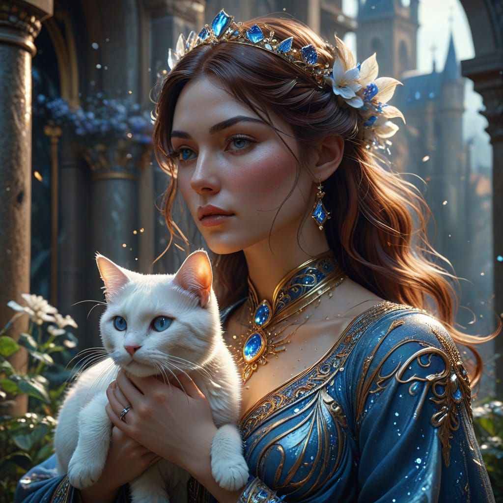 Ethereal Girl with White Cat in Mystical Castle