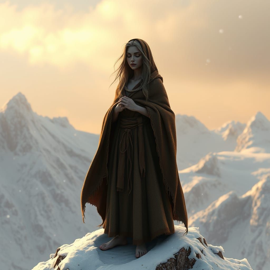 Mystical Crone in Snowy Solitude, in Disney-Inspired Style