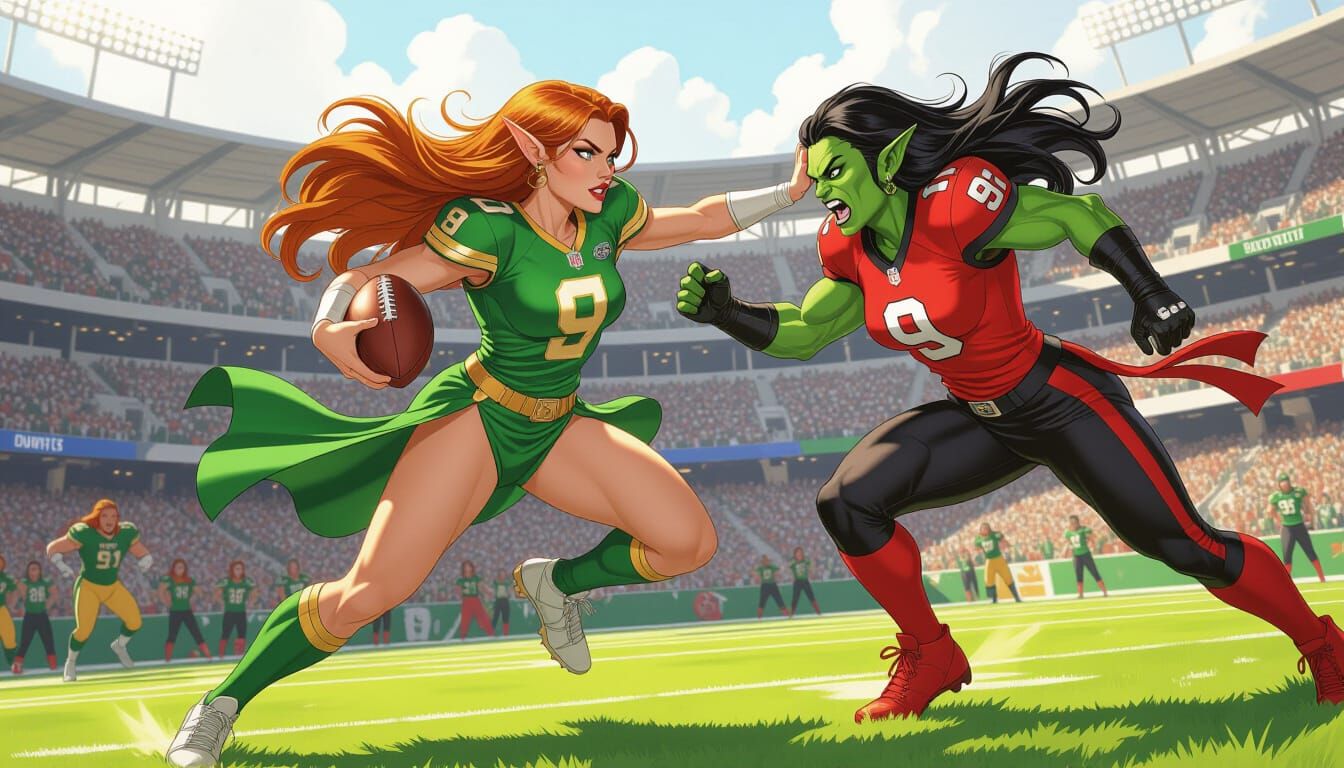 Elf Football Player Dodges Half-Orc in Dynamic Comic Art Sty...