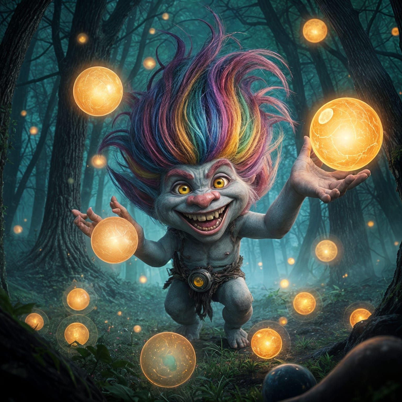 Rainbow Troll Juggling Orbs in Bioluminescent Forest
