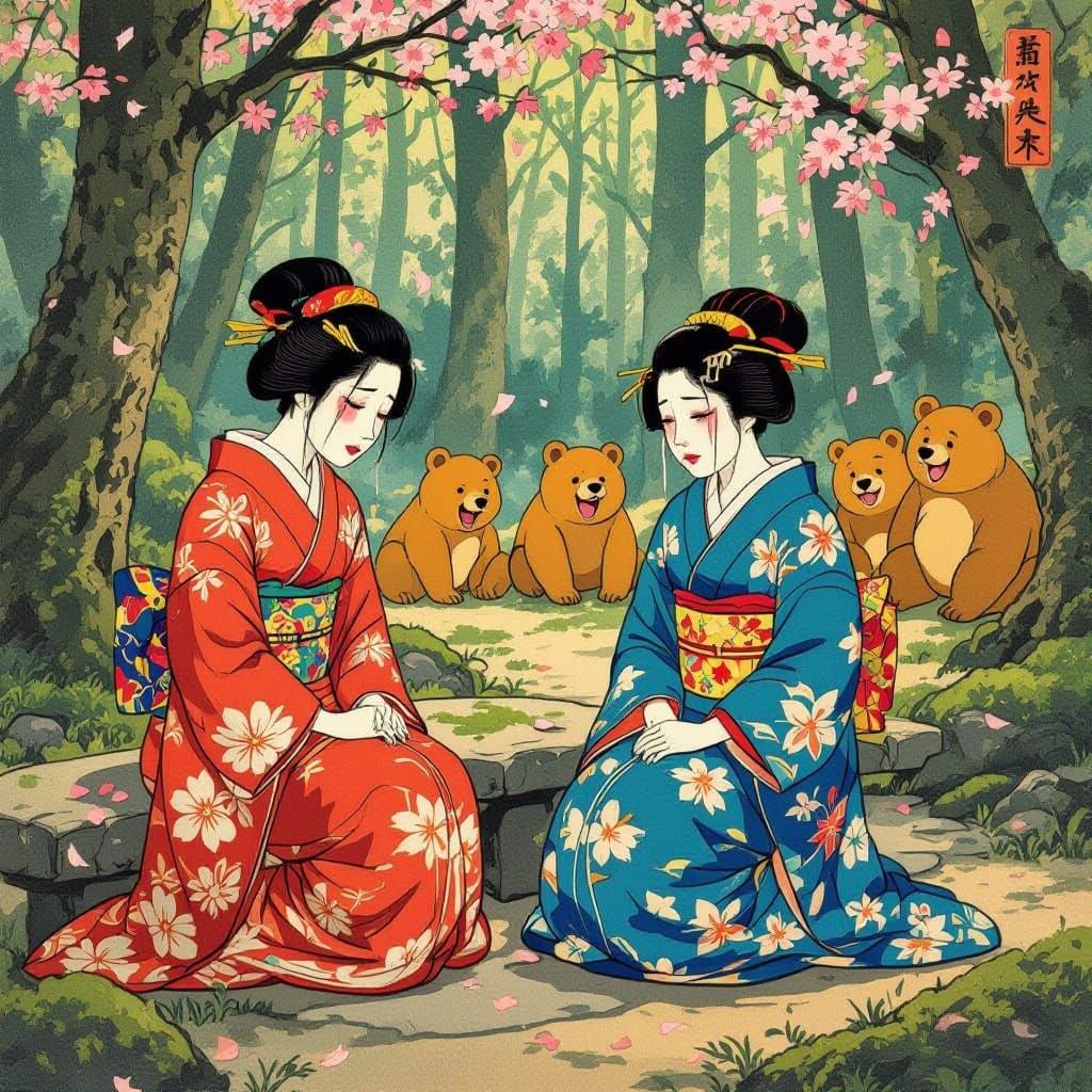 Sorrowful Asian Women Surrounded by Whimsical Forest Bears i...