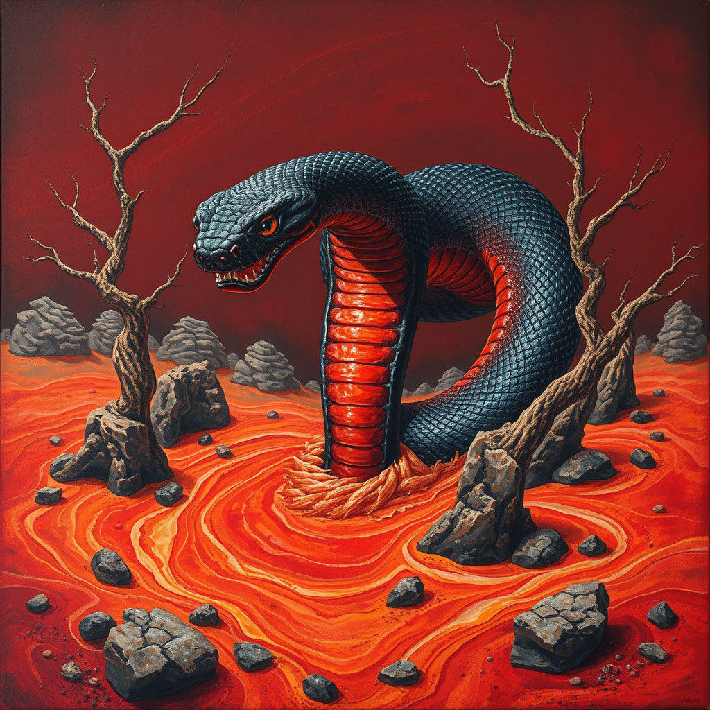 Surreal Red-Bellied Black Snake in Dream Landscape