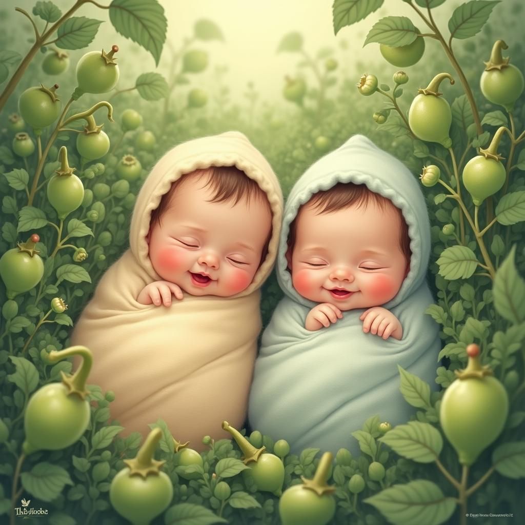Babies in a Pea Nursery: Whimsical Digital Illustration