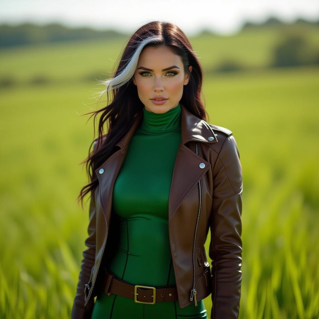 Rogue in Green Bodysuit in Sunlit Countryside Field