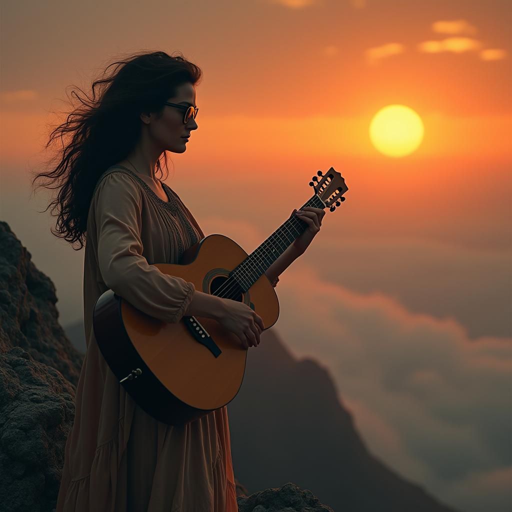 Woman with Guitar on Misty Mountain