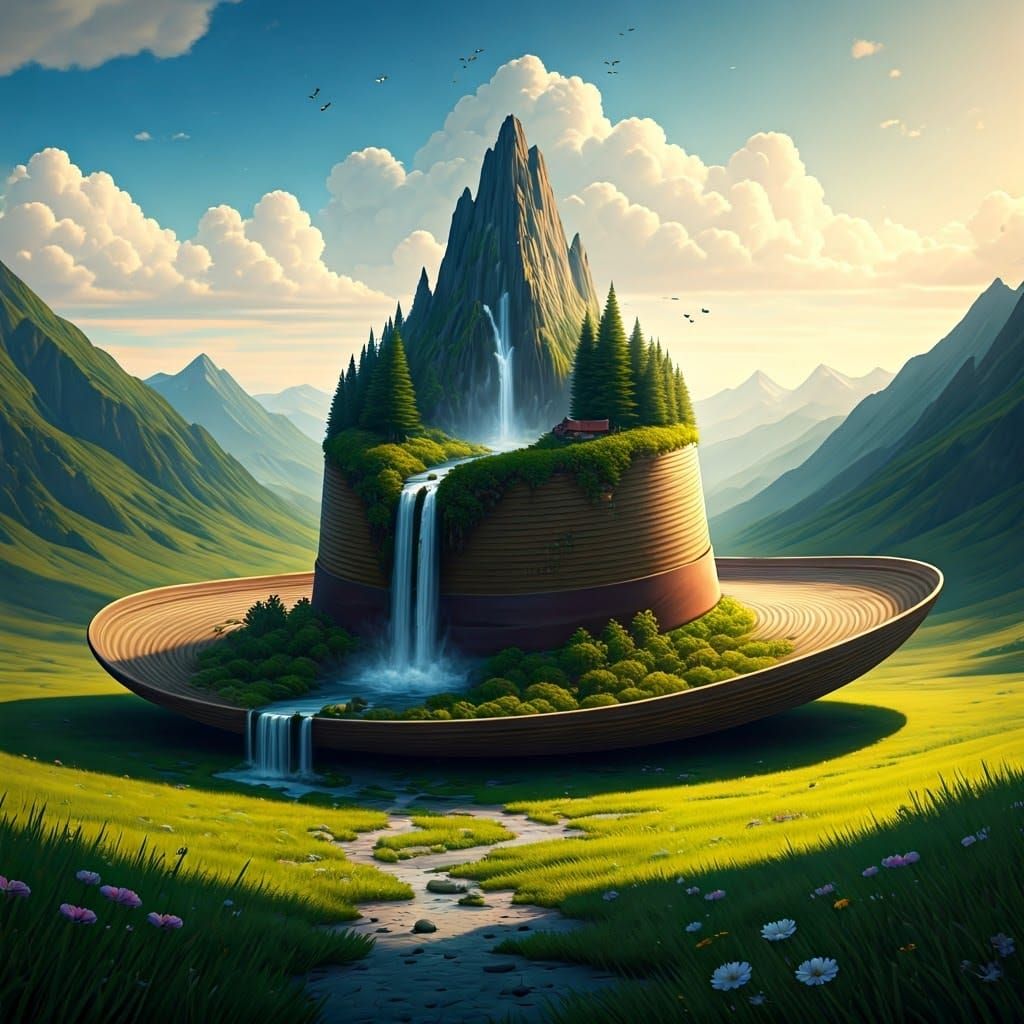 Surreal Hat Landscape with Mountain and Waterfall