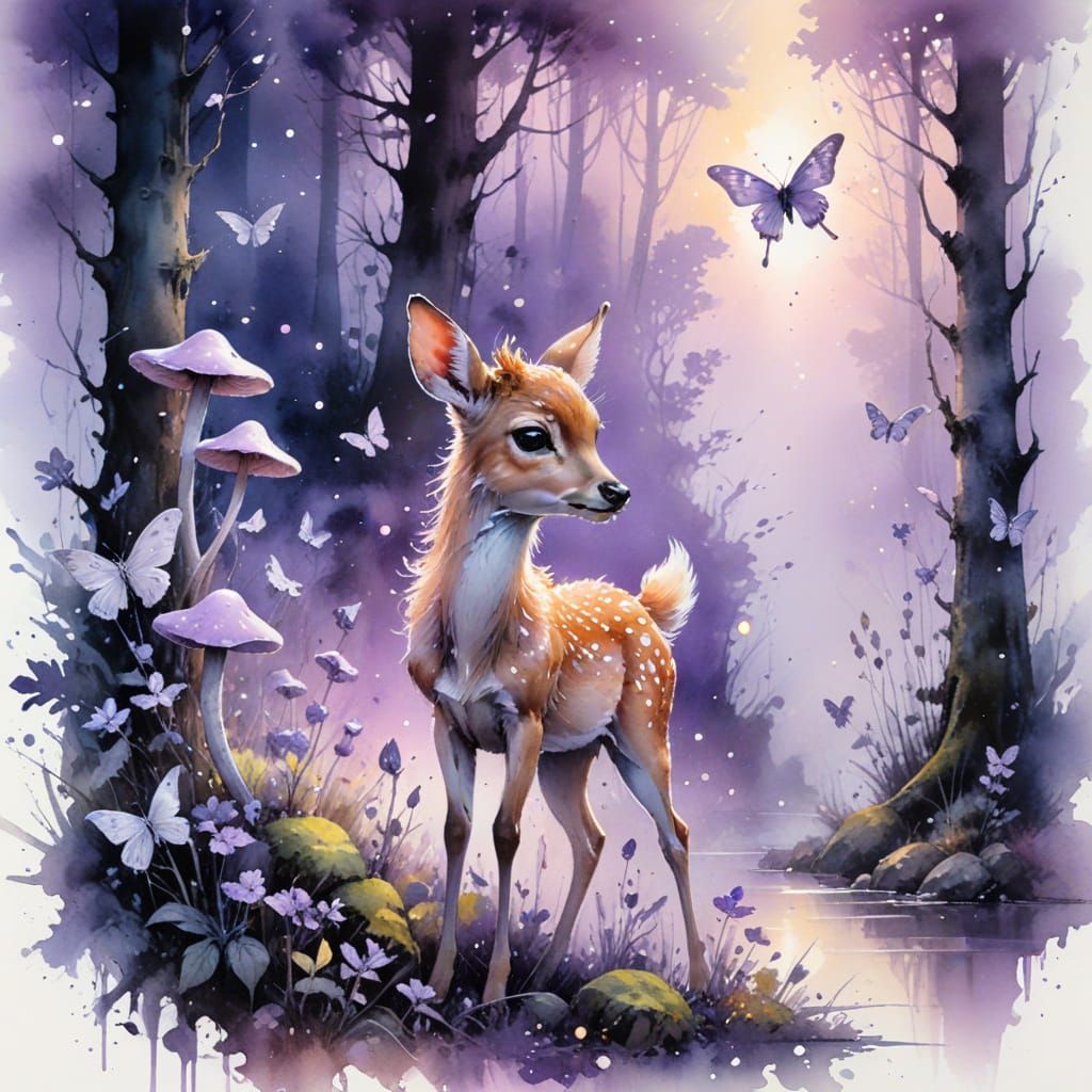 Fawn in Moonlit Woodland Clearing as Watercolour Art