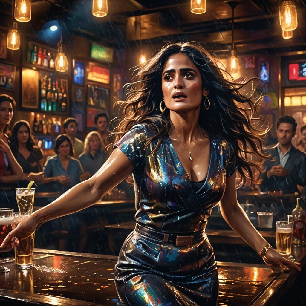 Salma Hayek Dancing in a Dimly Lit Bar