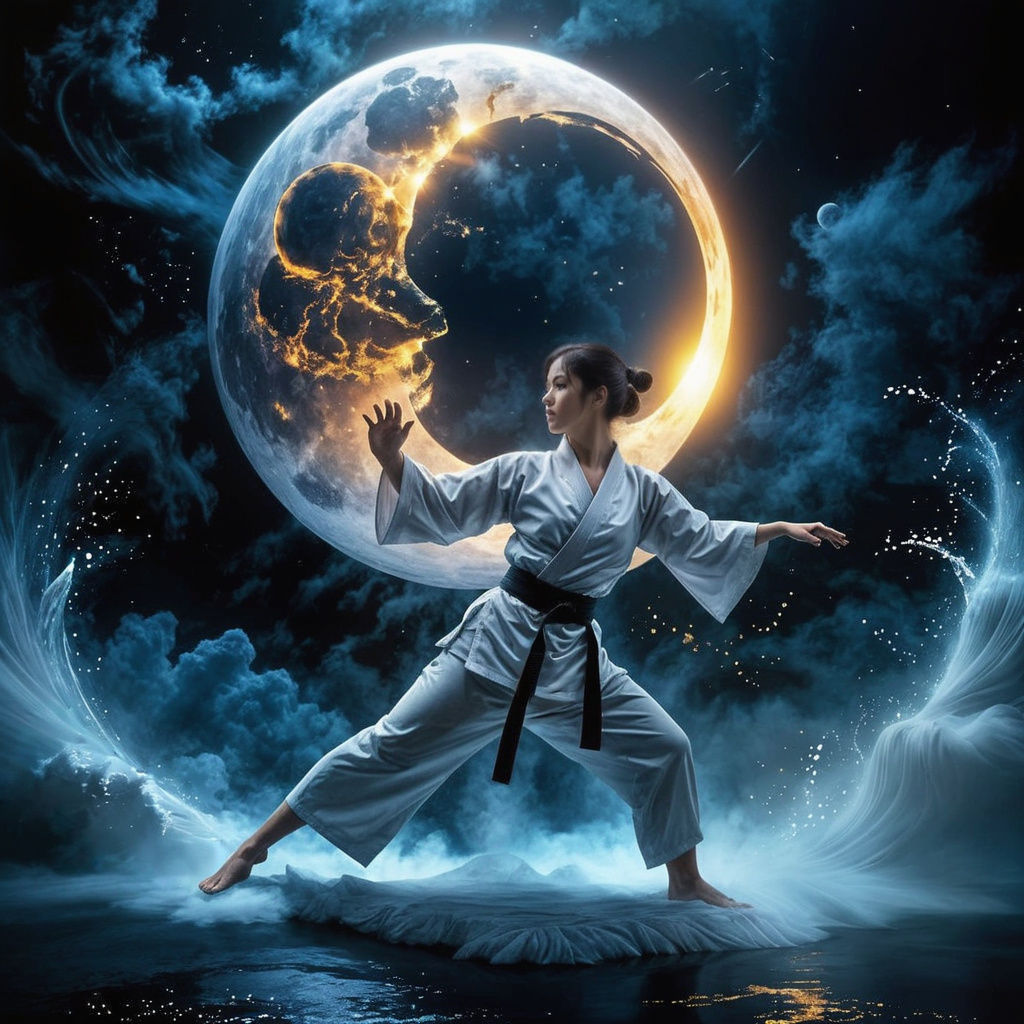 Dynamic Karateka Mirror Image Under Moonlight