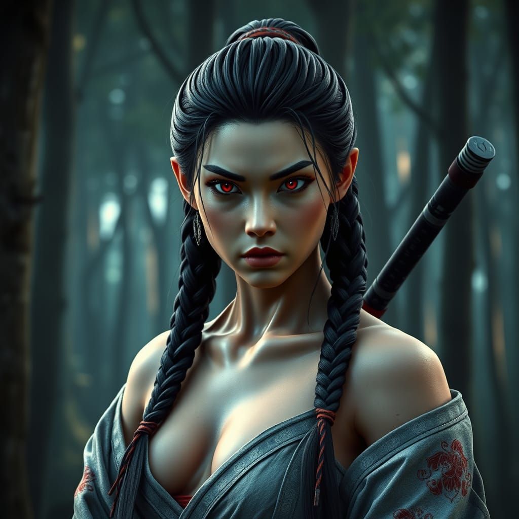 Ethereal Fantasy Samurai Goddess in Epic 3D Videogame Graphi...