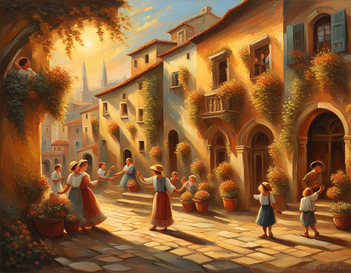 Italian Piazza Scene in Renaissance Oil Painting Style