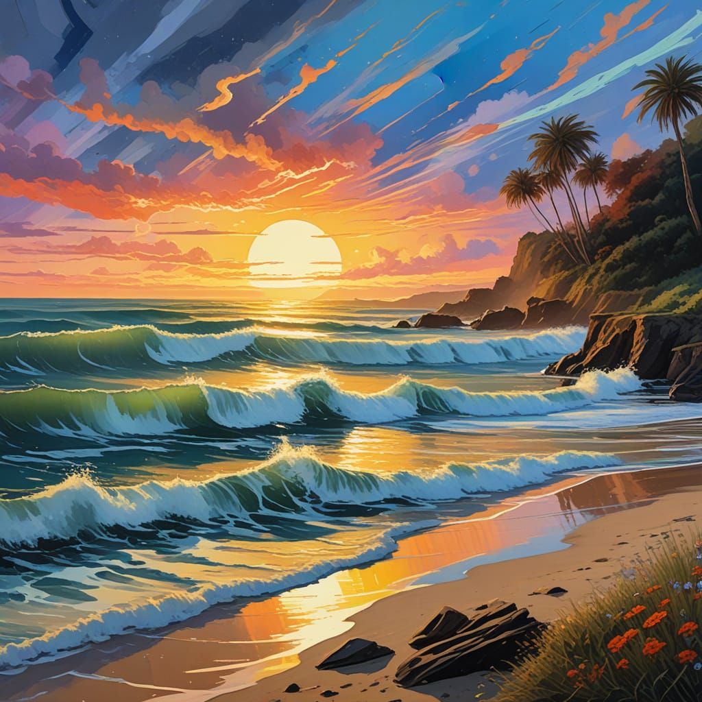 Bioluminescent Beach at Night in Gouache Style