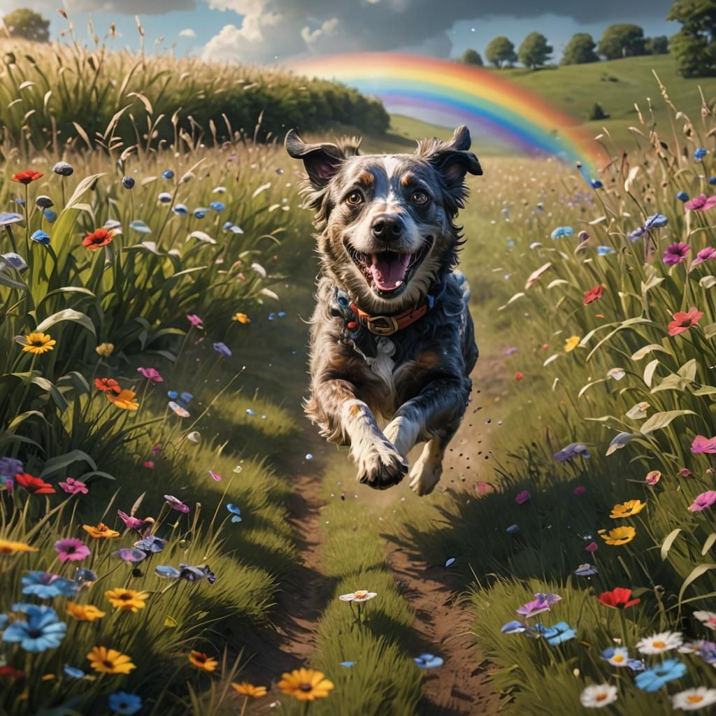 Dog with Googly Eyes Running Through Rainbow Field