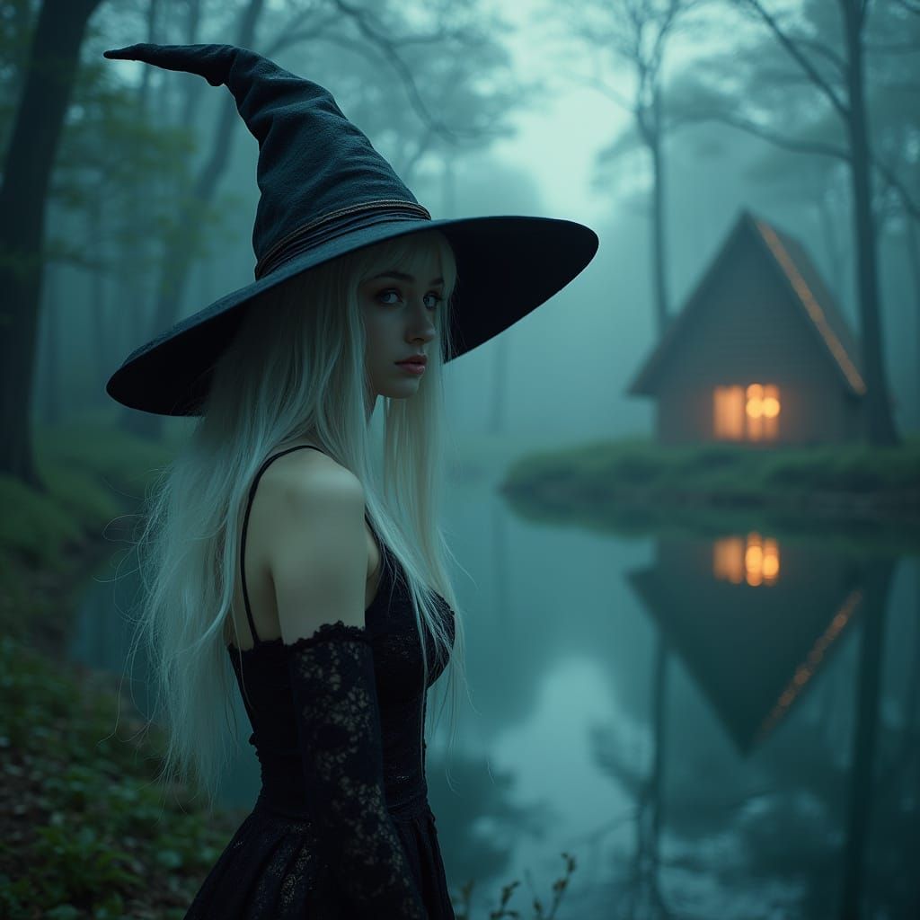 Bioluminescent Forest Witch in Dark Lace Dress