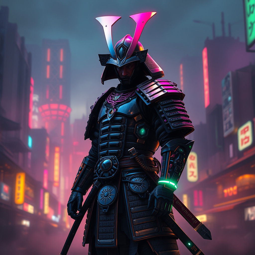 Cyberpunk Samurai in Neon Cityscape at Dusk