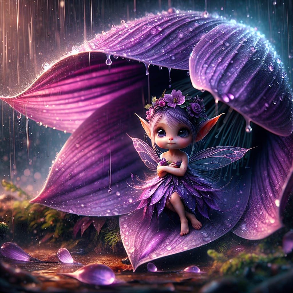Purple Faerie Shelters Under Flower in Rain
