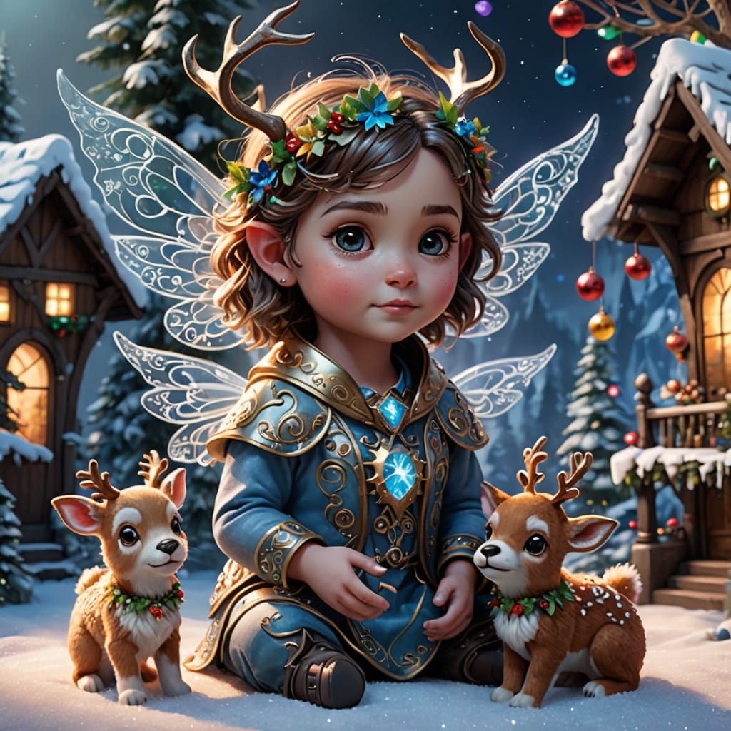 Delicate Glass Christmas Fairy Plays with Reindeer in Whimsi...