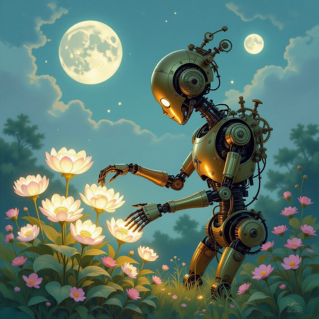 Brass Automaton Tends Ethereal Garden Under Twin Moons