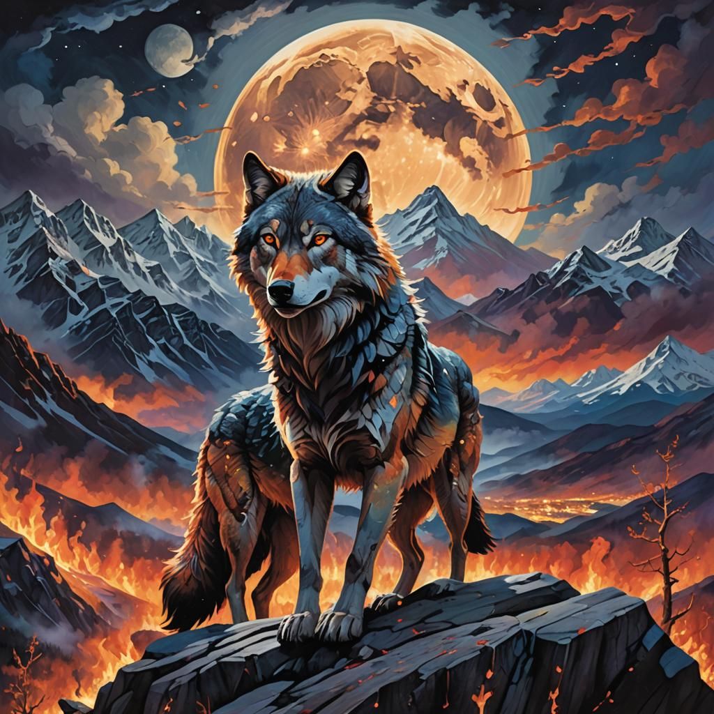 Fiery Wolf Under Moonlight, Dark Fantasy Art