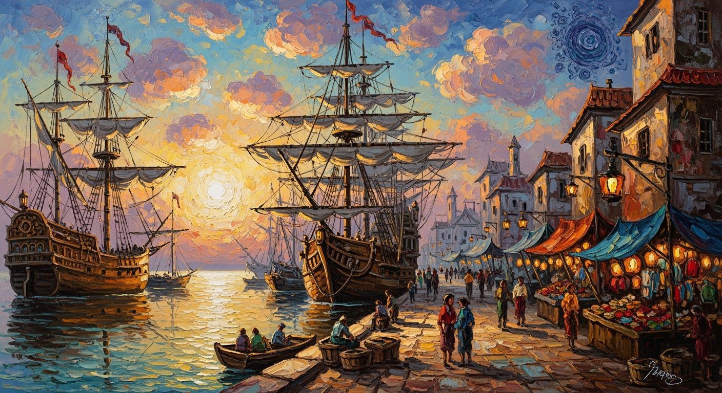 Harbor at Dusk: Impasto Painting with Sailing Ships