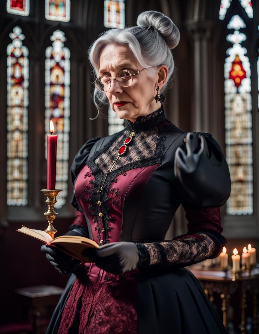 Gothic Woman Lights Candle in Cathedral, Baroque Style