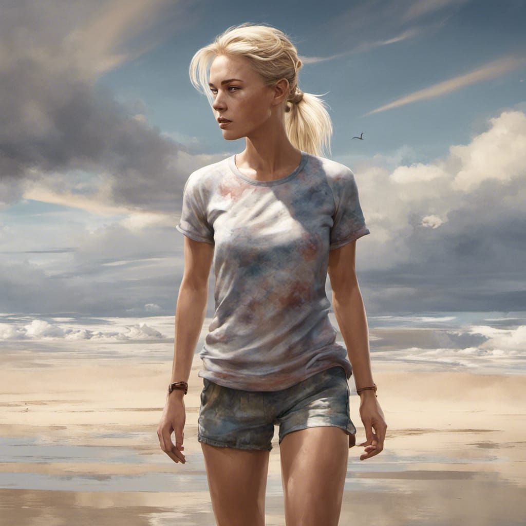 Sad Woman Walks on Beach in Watercolor Style