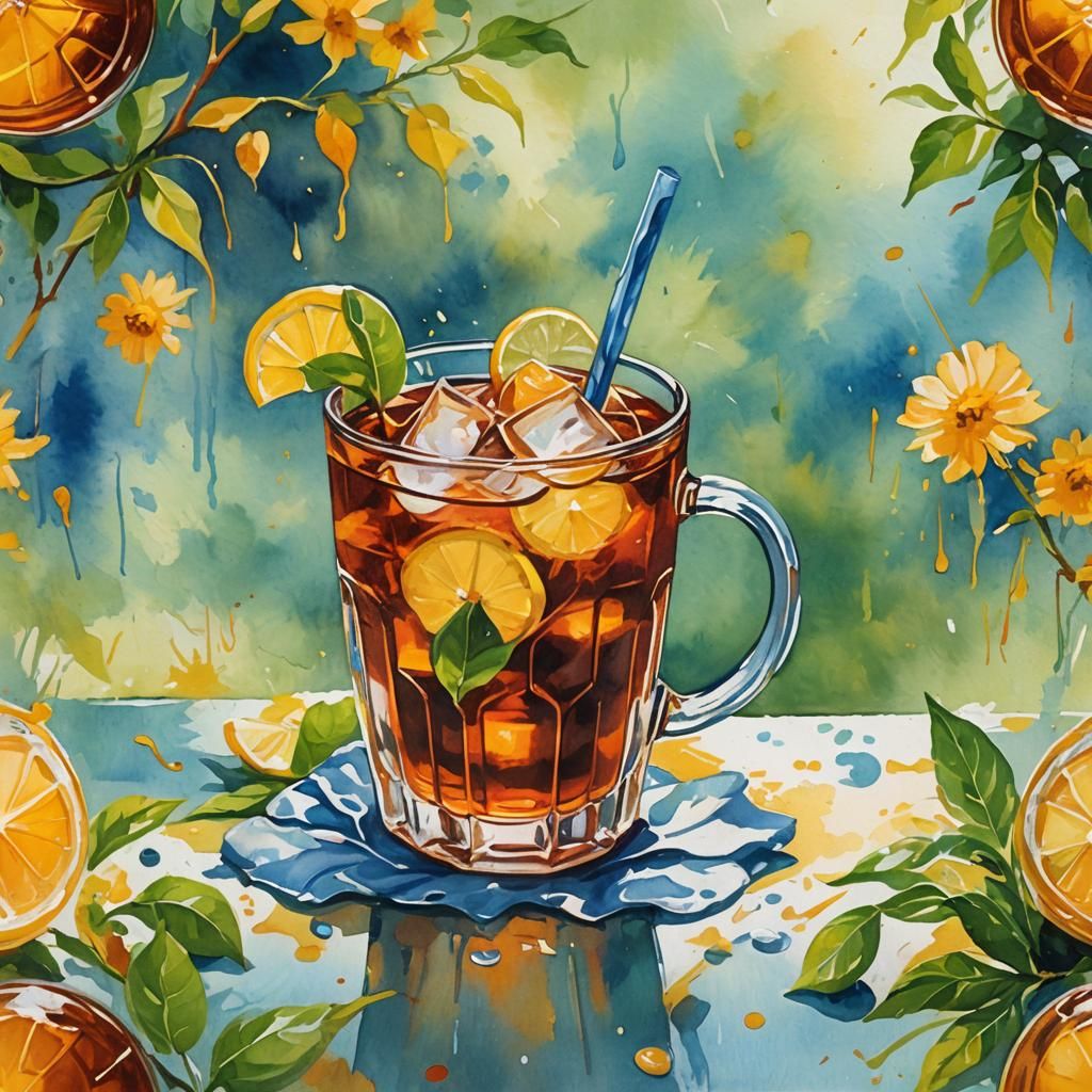 Iced Tea in Gouache Style Watercolor Painting