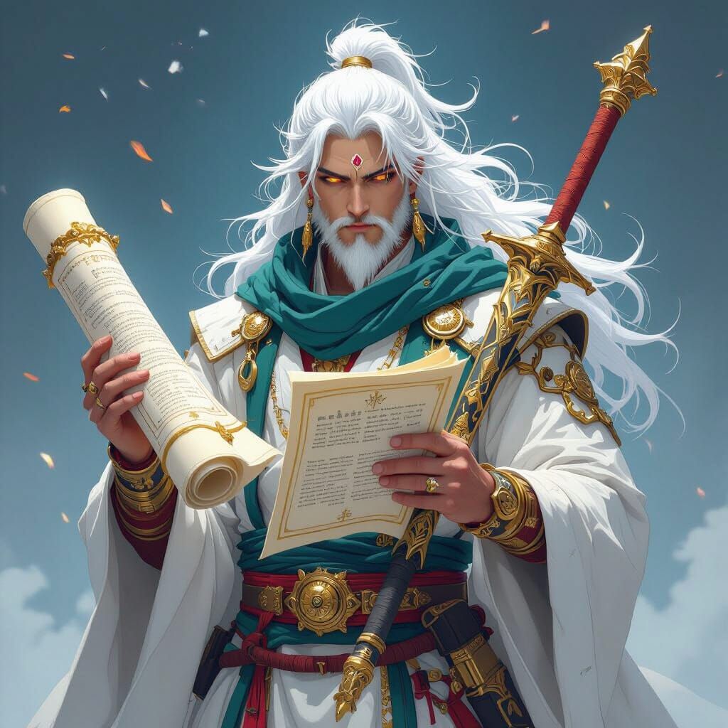 Deity in Streetwear Holding Scroll and Weapon