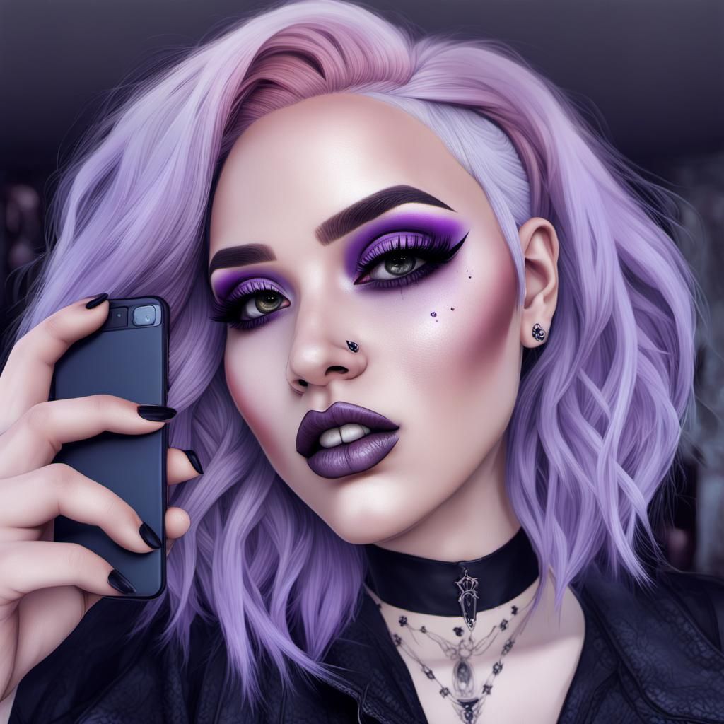 Goth Girl Selfie with Purple Hair and Makeup