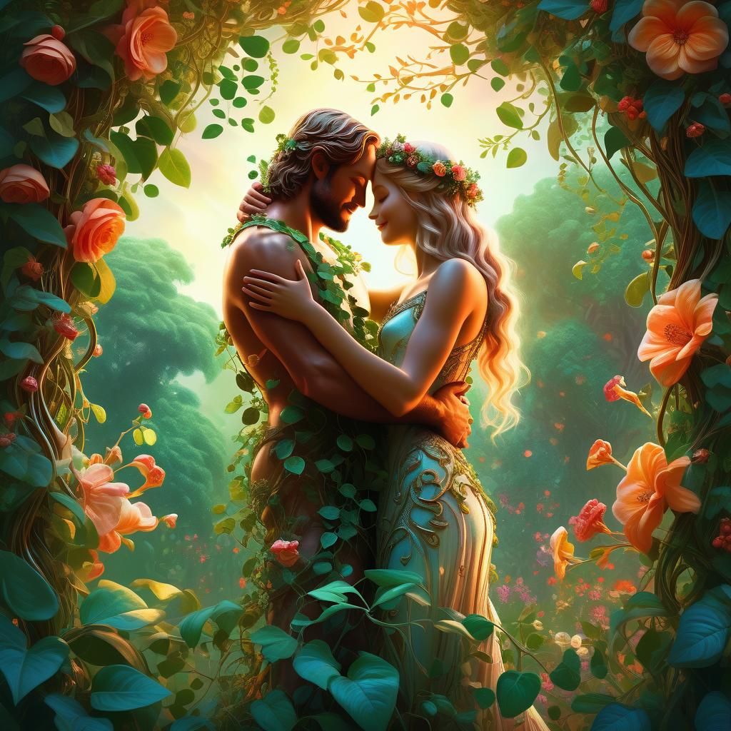 Adam and Eve Embrace in Eden: Fantasy Oil Painting