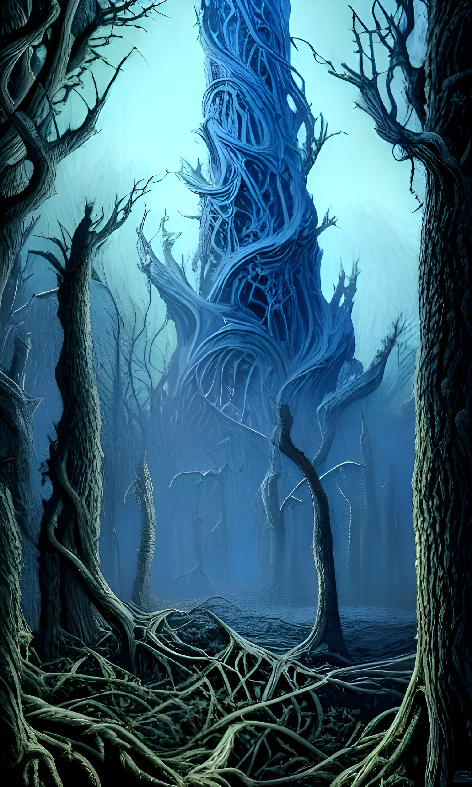 Gothic Swirling Blue Tower in the Woods