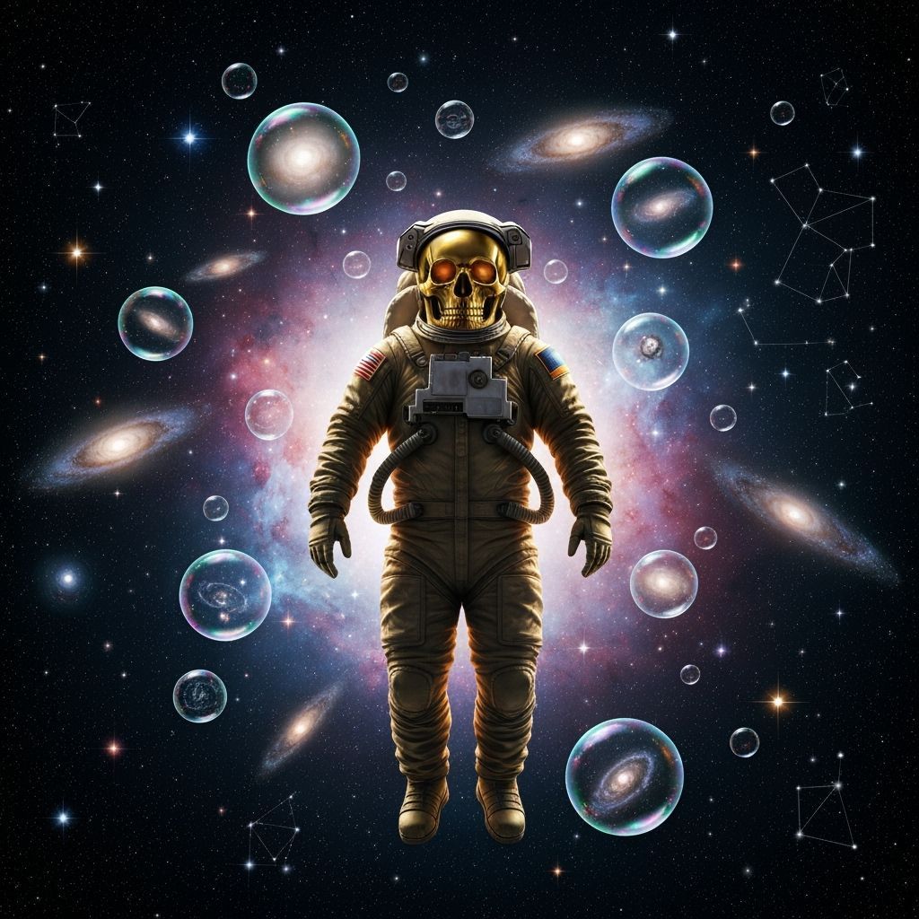 Golden Skull Astronaut Floating in Cosmic Abyss