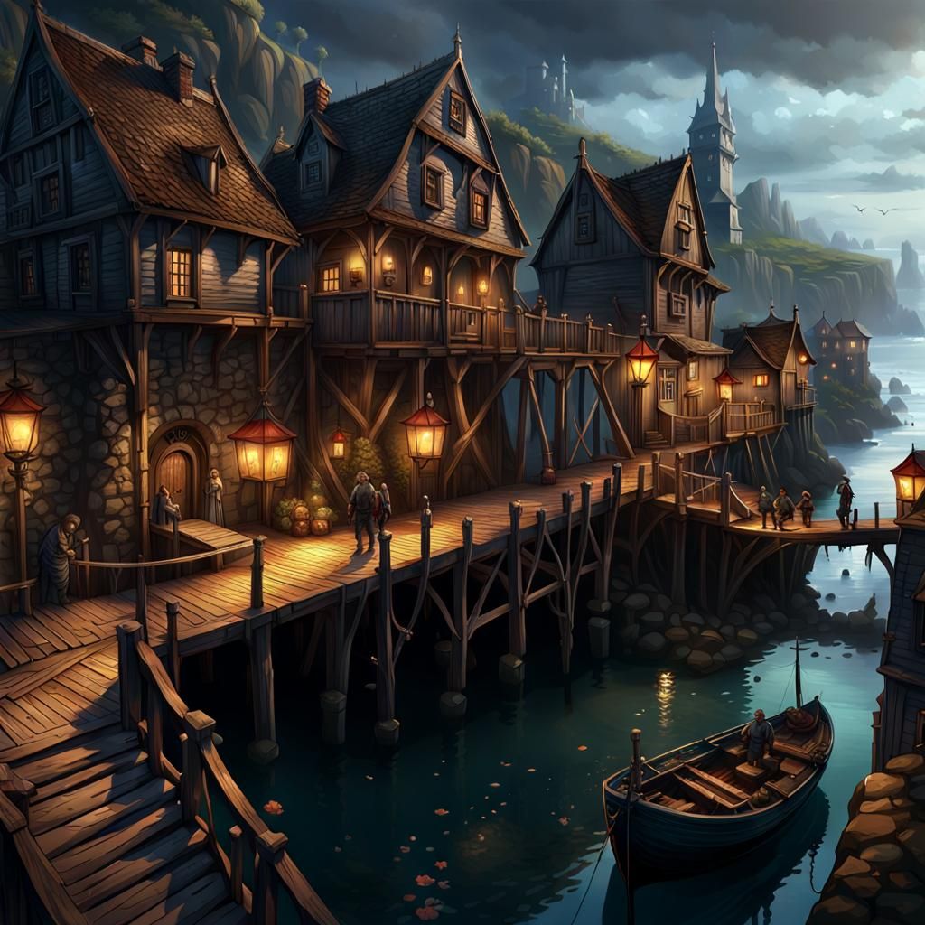 Coastal Town on Mesas: Gothic Horror Concept Art