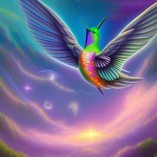 Cosmic Hummingbird in Ethereal Fantasy Landscape