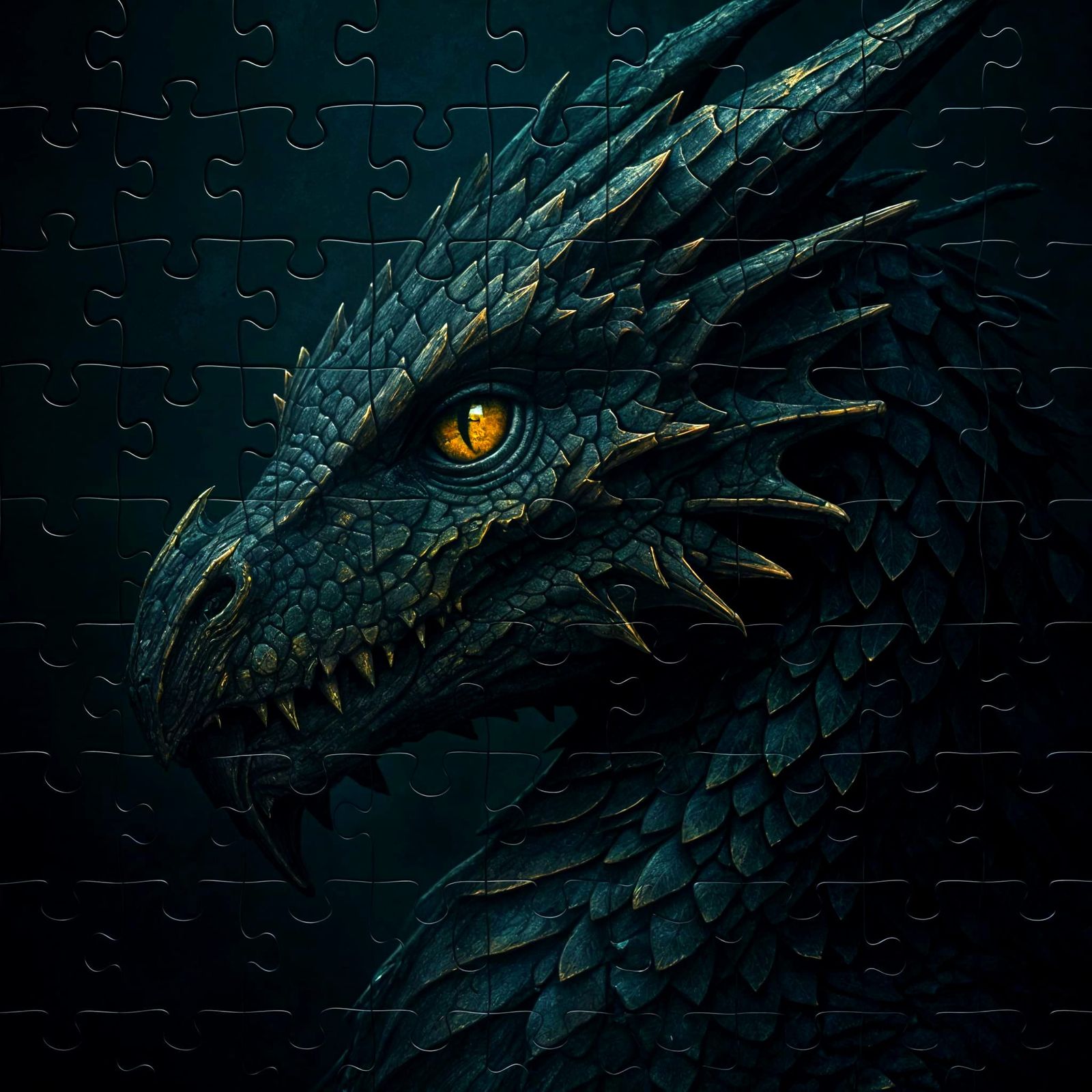 Jigsaw Dragon Portrait in Dark Teal and Gold