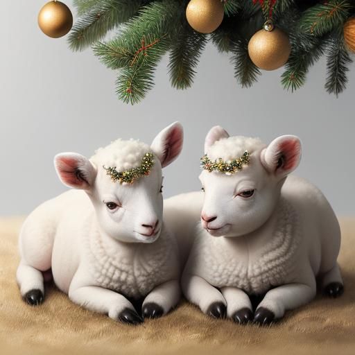 Hyperrealistic Lambs Asleep Under Christmas Tree