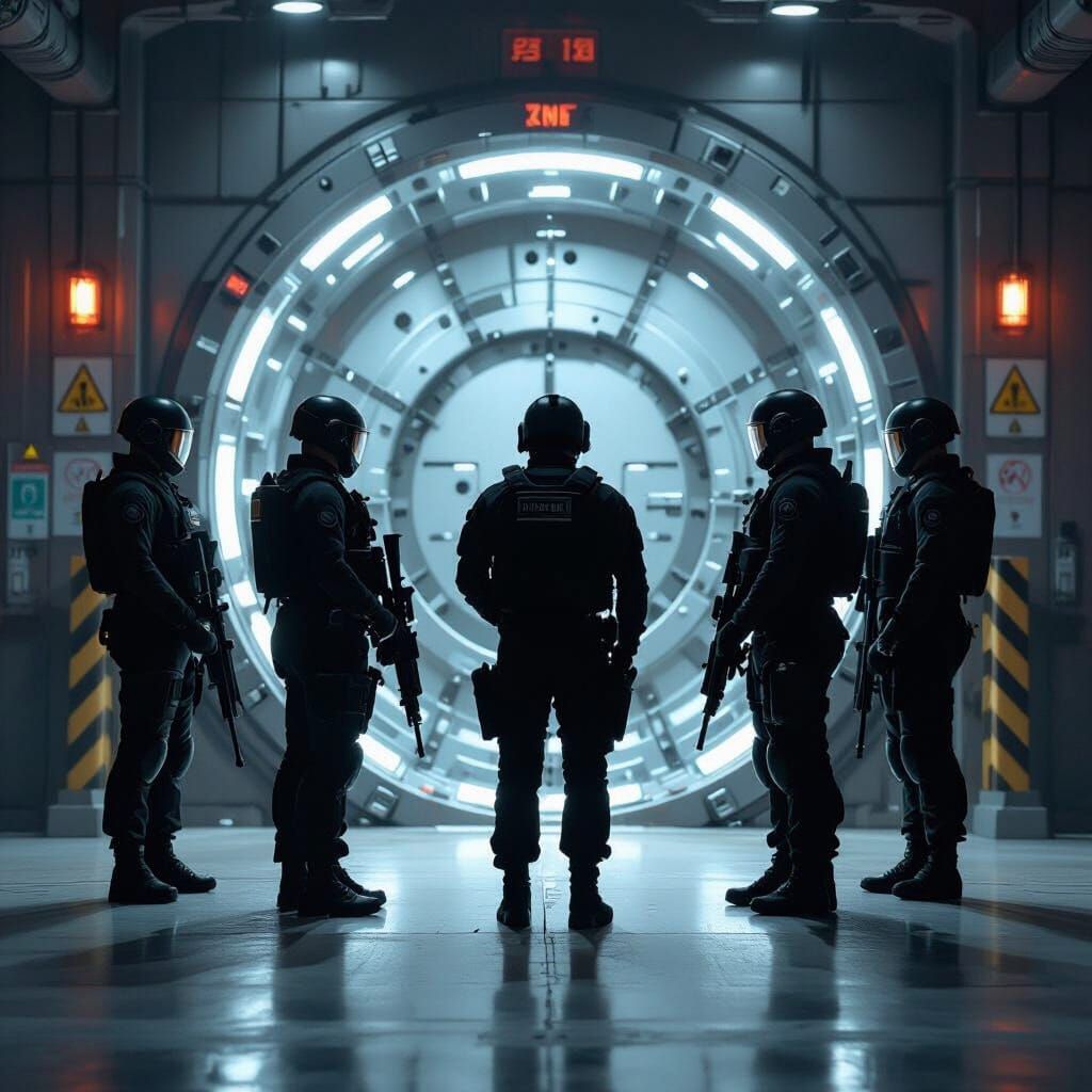 Sci-Fi Security Personnel Guarding Blast Door