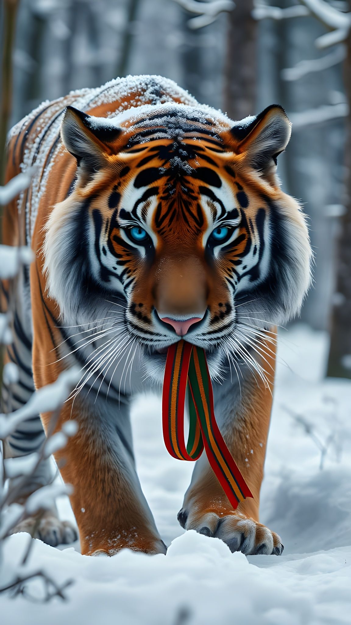 Siberian Tiger Roams Snowy Forest in Festive Hues as Photore...