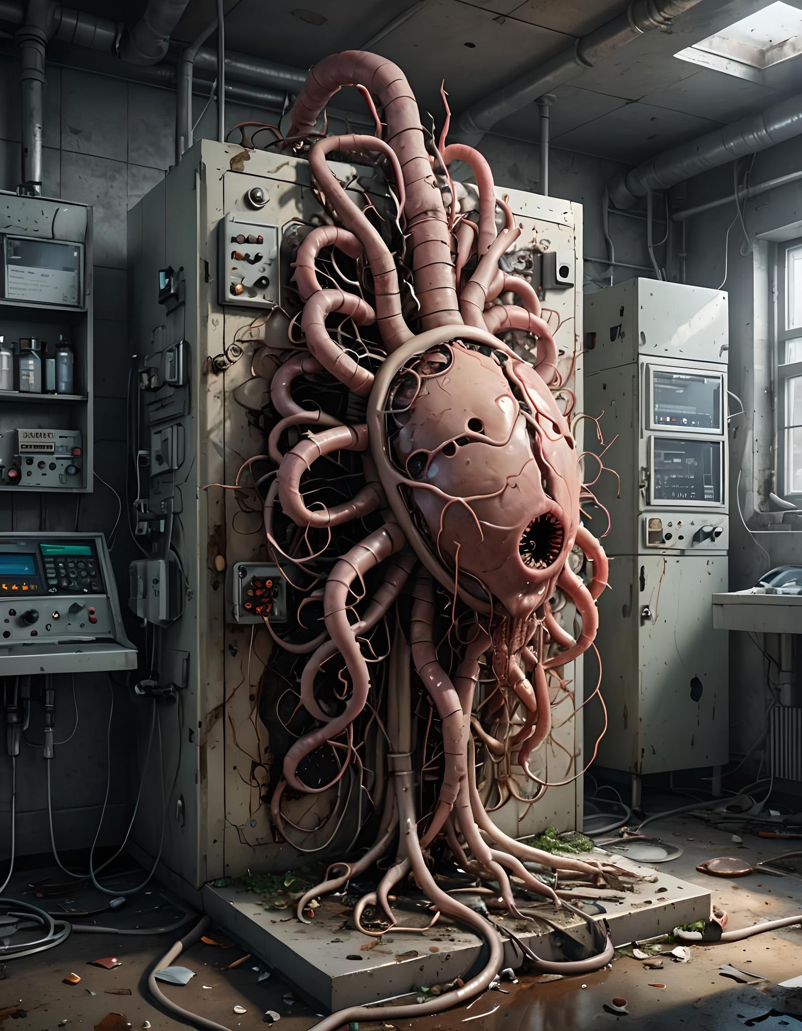 A weird biological organ exuding a vile excrescence in an ab...