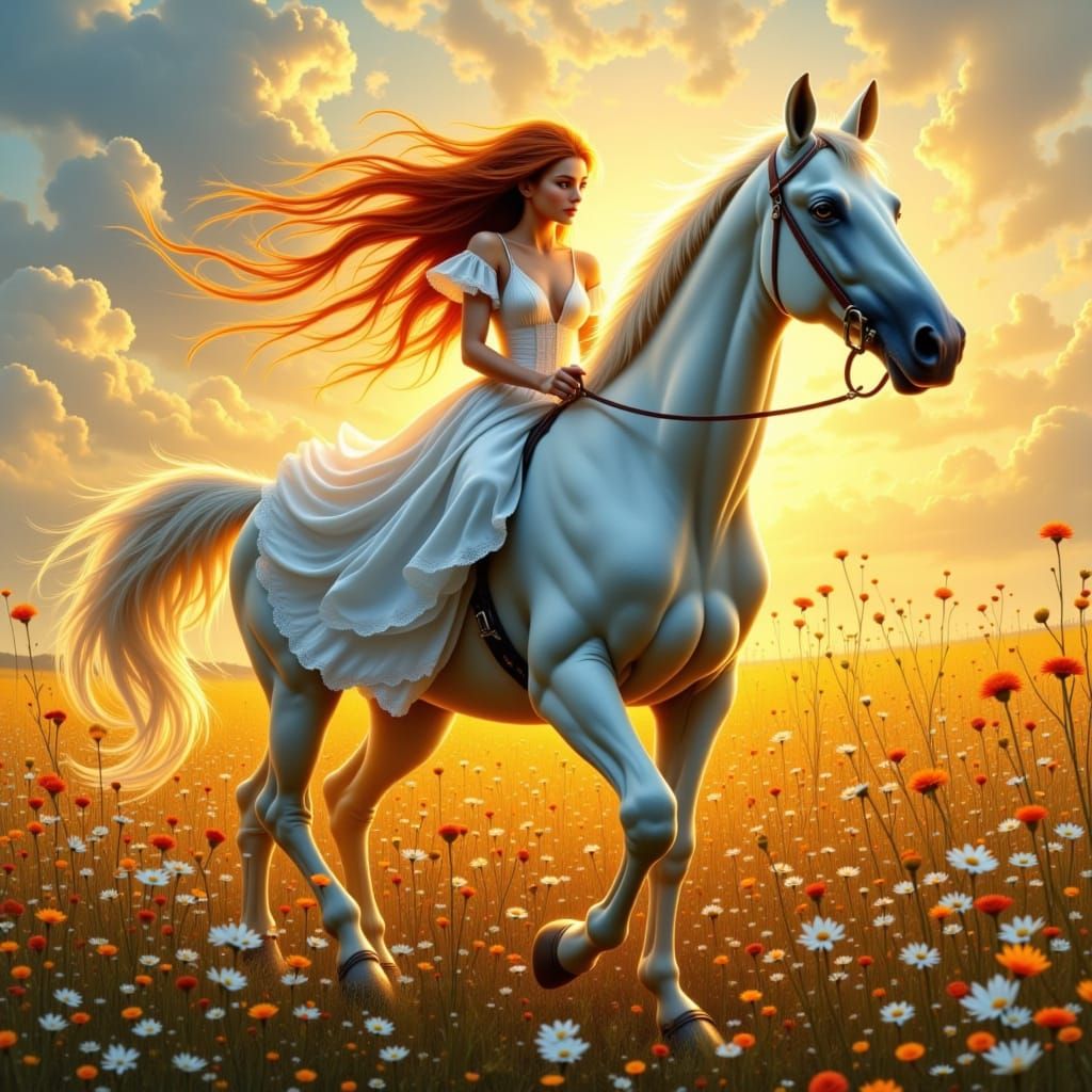 Impressionist Oil Painting of Woman on Horse at Sunset