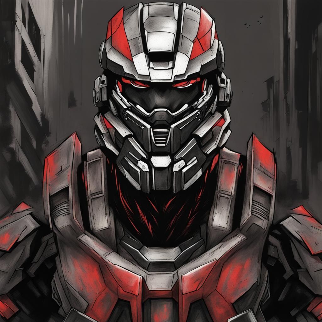 Halo Spartan in Destroyed City: Charcoal Drawing