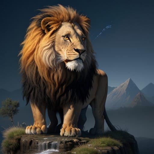 Mystical Lion in Moonlit Landscape with Angels and Fireworks